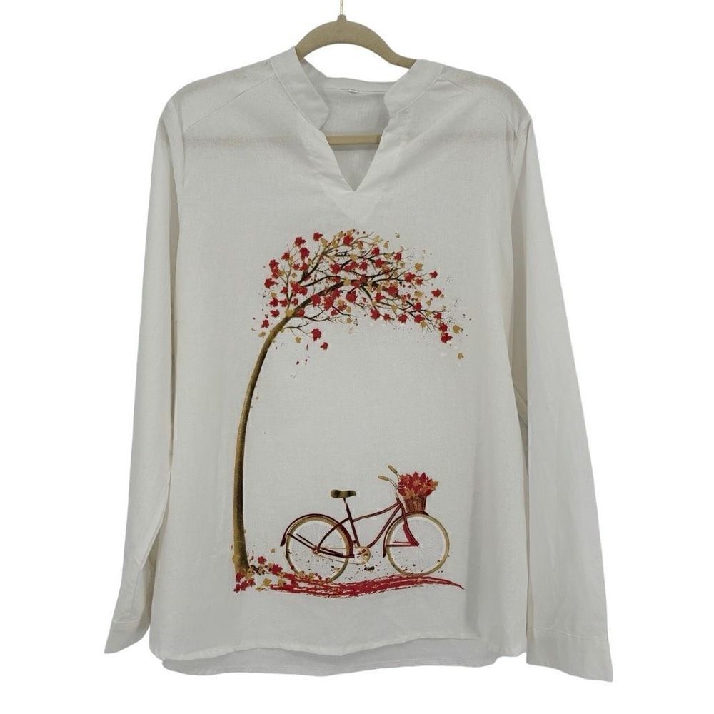Unbranded Bicycle & Tree Graphic Popover V-Neck Tunic‎ Cream 3X